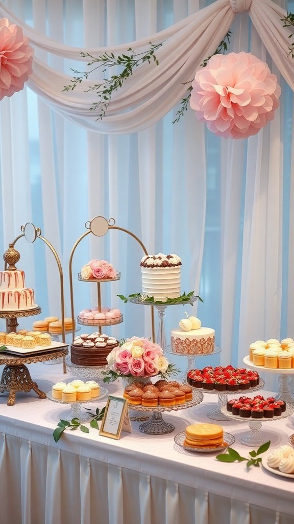 A beautifully arranged dessert table featuring various cakes and pastries, decorated with pink flowers and greenery.