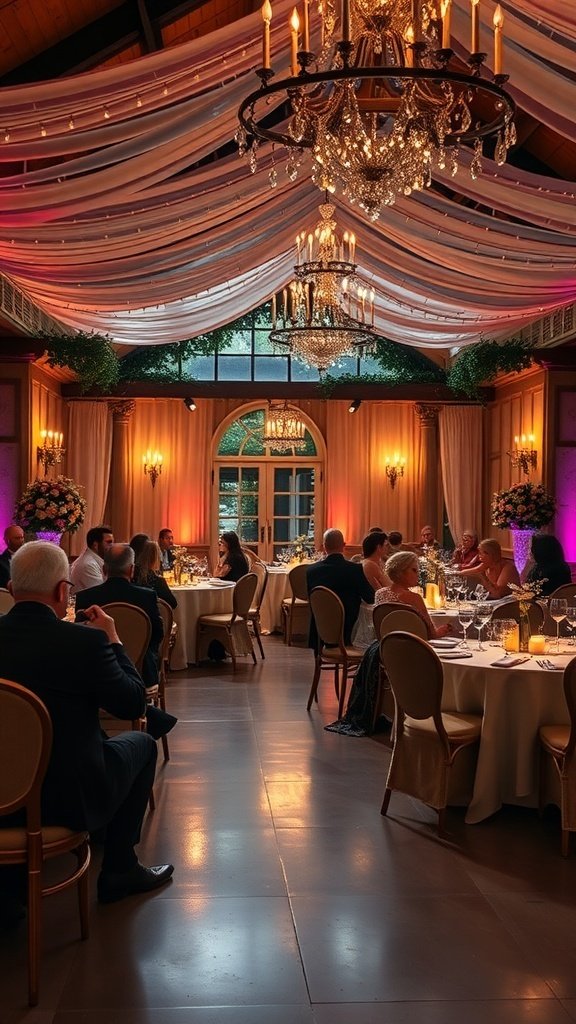 Elegant wedding reception setting with soft drapes, warm lighting, and beautifully arranged tables.