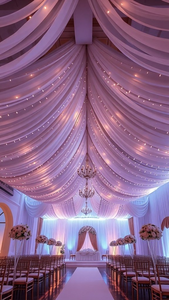 A beautifully decorated wedding venue with draped fabric and fairy lights on the ceiling.