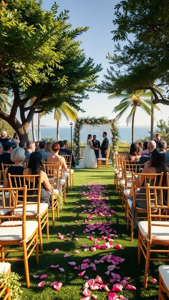 Outdoor wedding ceremony with chairs arranged in rows, floral arch, and rose petals on the ground.
