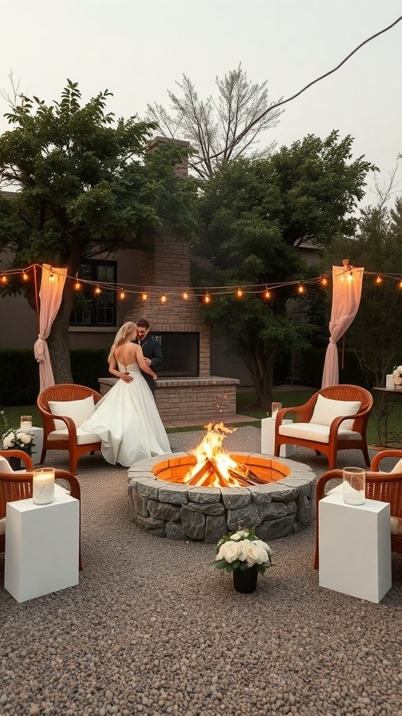 A couple dancing near a fire pit surrounded by cozy seating and string lights.