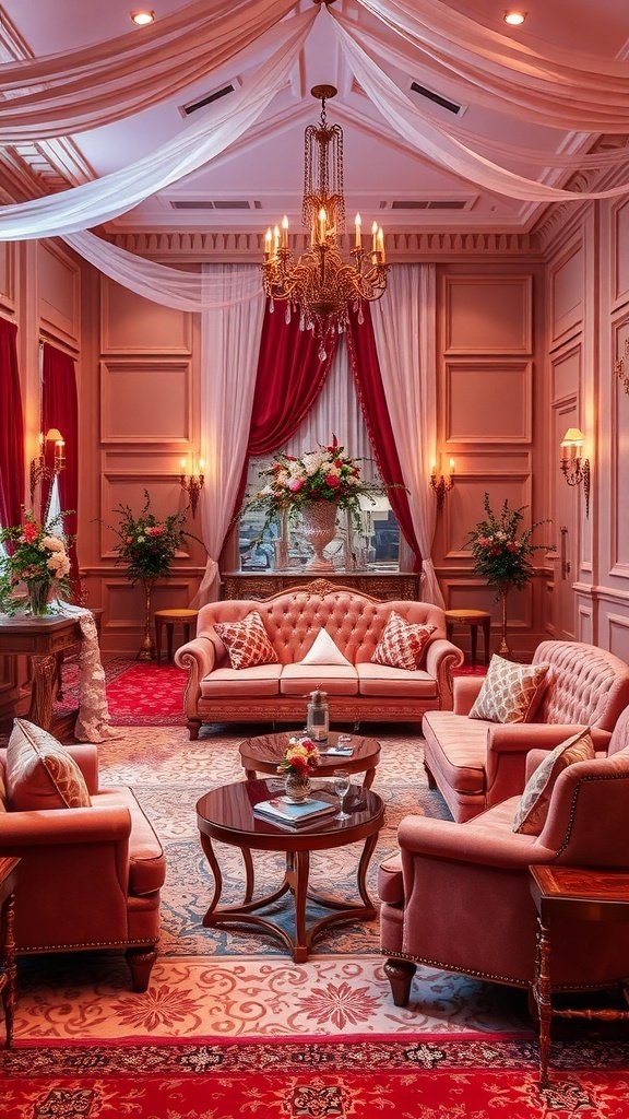 Chic lounge area with plush sofas, elegant decor, and floral arrangements for a romantic wedding setting.