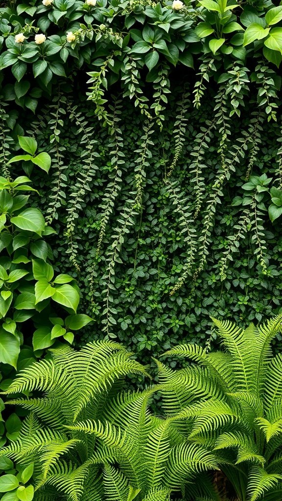 A lush greenery backdrop featuring various plants and ferns, perfect for a romantic wedding setting.