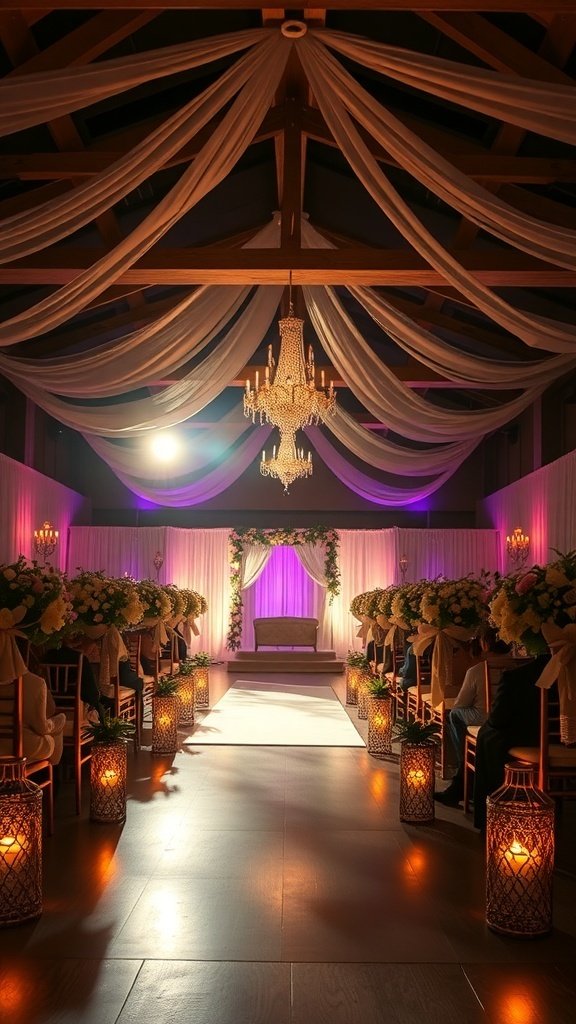 A beautifully decorated wedding venue with soft lighting, a chandelier, and floral arrangements.