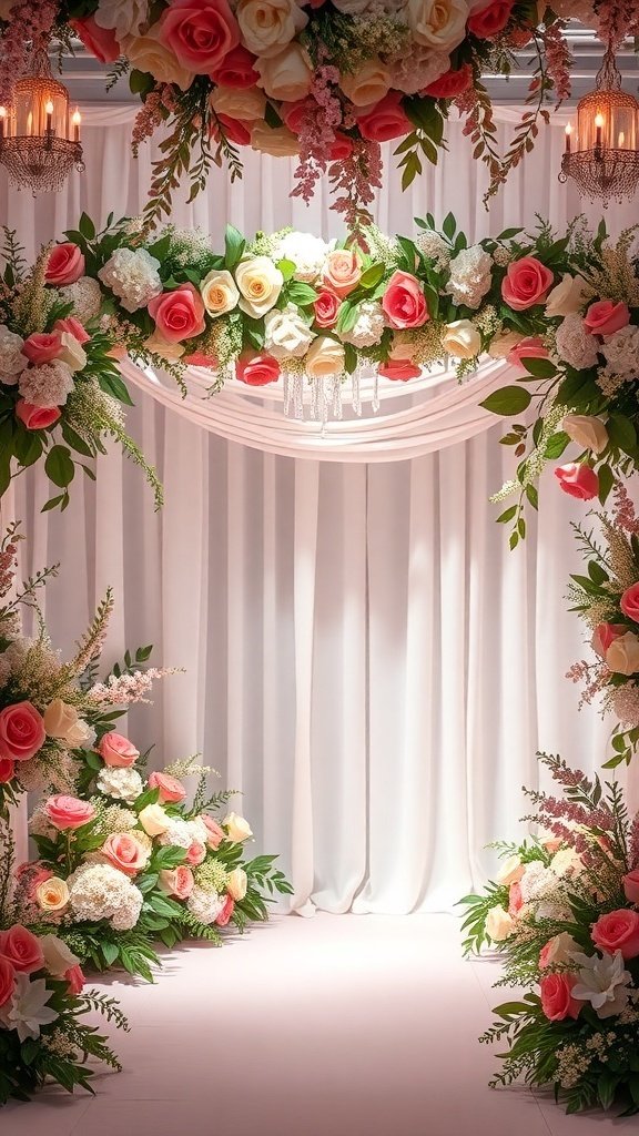 A romantic wedding backdrop with floral arrangements and soft drapery.