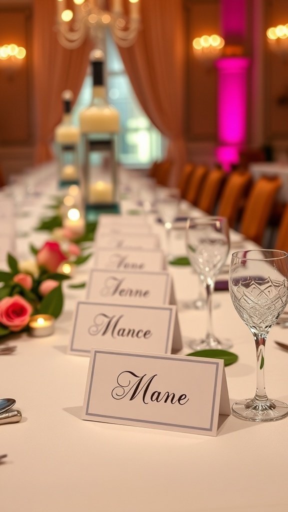 Elegant place cards on a wedding table with floral arrangements and candlelight.