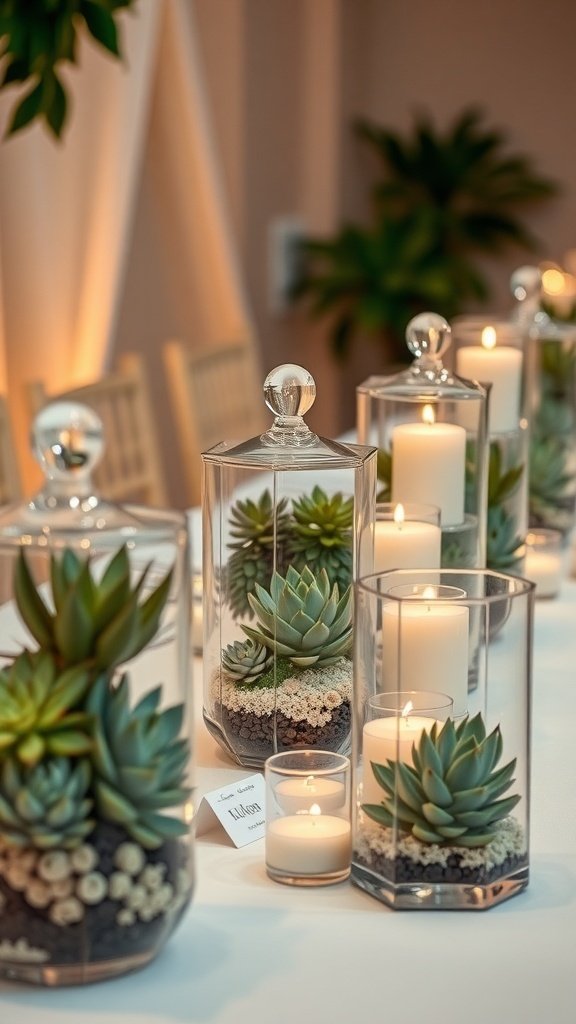 Elegant glass terrariums with succulents and candles as wedding decor