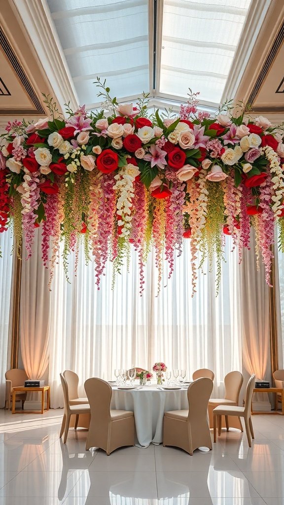 A beautiful hanging floral installation featuring roses, lilies, and cascading blooms over a wedding table.