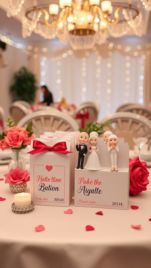 Personalized wedding favors with bride and groom figurines on a table decorated with roses and candles.