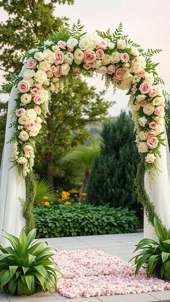 A floral wedding arch decorated with pink and white roses, surrounded by greenery and flower petals on the ground.