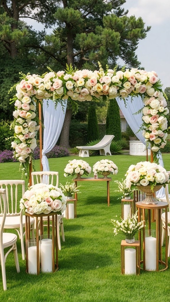 A romantic outdoor wedding setup featuring a floral arch, elegant chairs, and decorative flower arrangements.