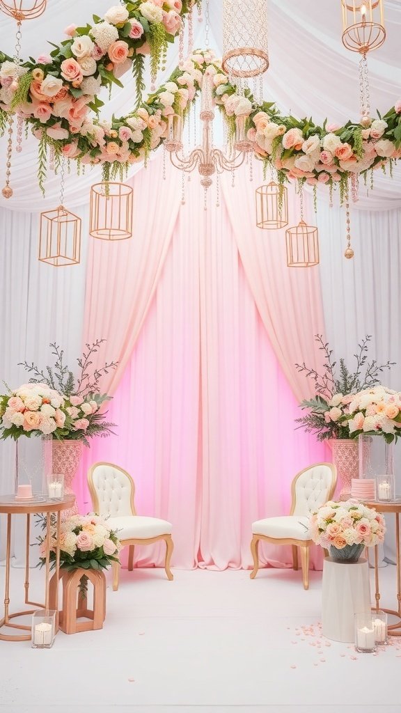 A romantic wedding decor setup with soft pink drapery, floral arrangements, and elegant furniture.
