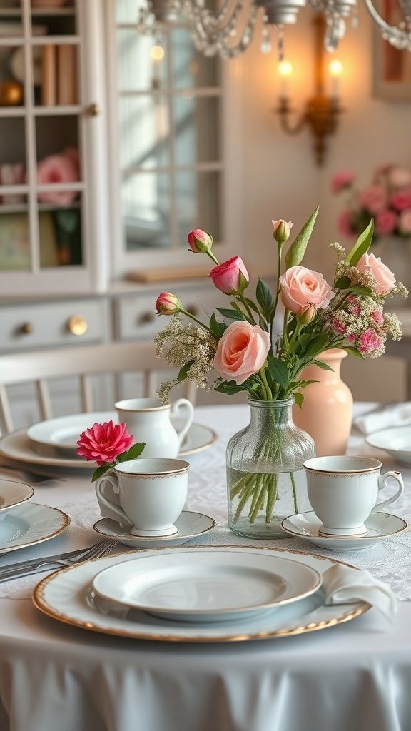 A vintage table setting with delicate china, gold-trimmed plates, and a floral centerpiece.