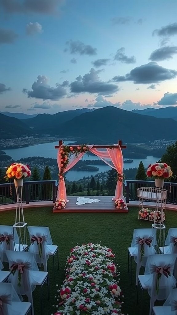 A wedding setup with a floral arch, white chairs, and a scenic mountain view