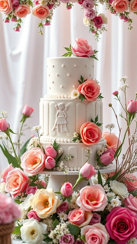 A beautifully decorated wedding cake surrounded by fresh flowers.