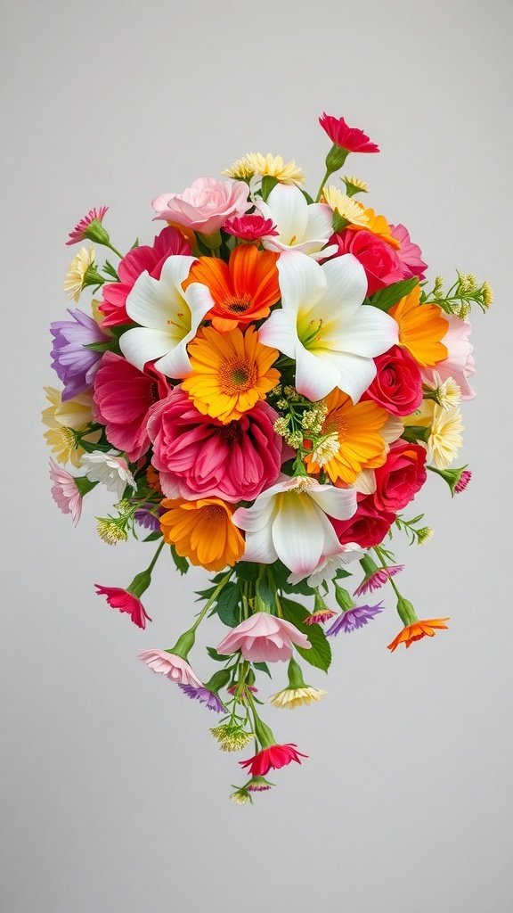 A vibrant cascading floral bouquet featuring roses, lilies, and daisies in a mix of colors.