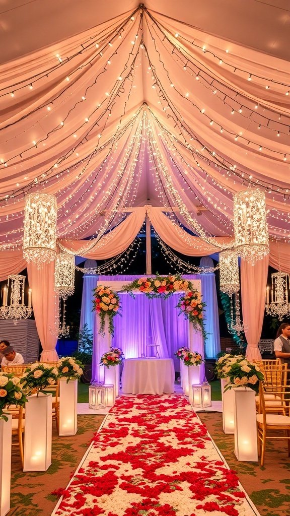 A beautifully decorated wedding venue featuring a fairy light canopy, draped fabric, floral arrangements, and a romantic atmosphere.