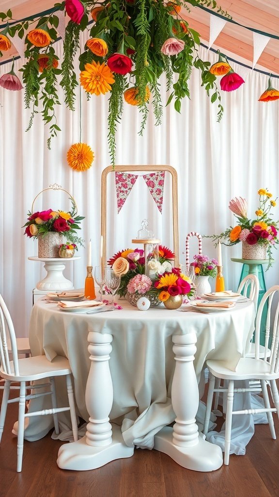 A whimsical wedding table decor featuring colorful flowers, hanging decorations, and a soft white tablecloth.