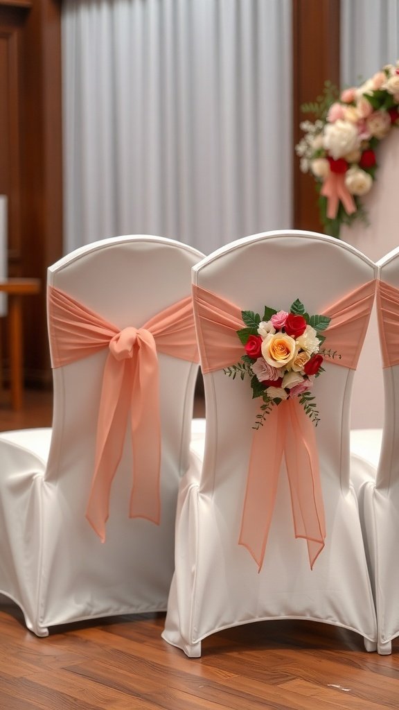 Two elegantly decorated wedding chairs with peach ribbons and floral arrangements