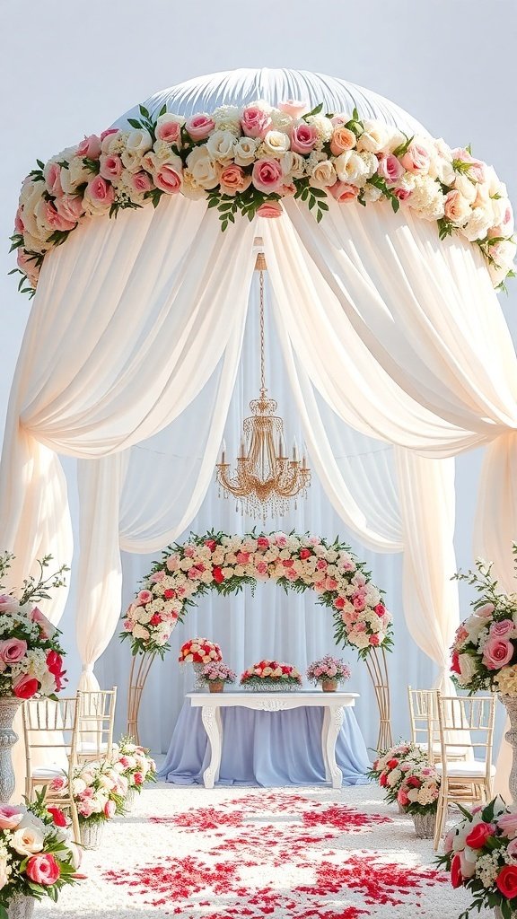 A romantic bridal canopy decorated with roses and a chandelier, surrounded by floral arrangements and rose petals.
