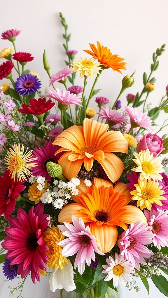 A vibrant bouquet featuring seasonal flowers in various colors, including pink, orange, and purple.