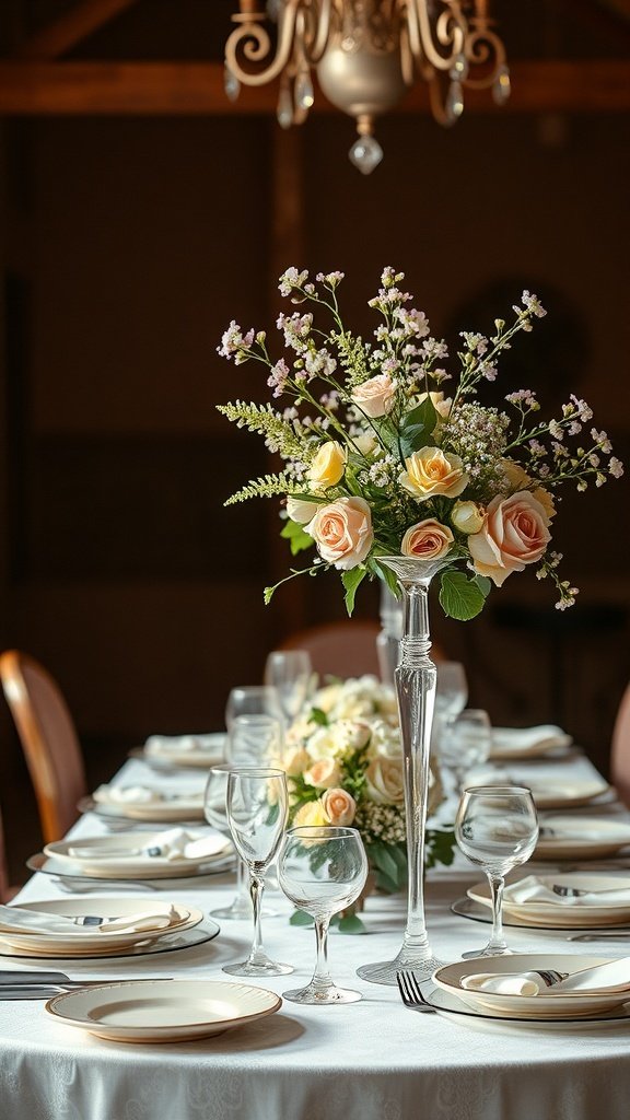 A beautifully set wedding table with vintage glassware and floral centerpiece.