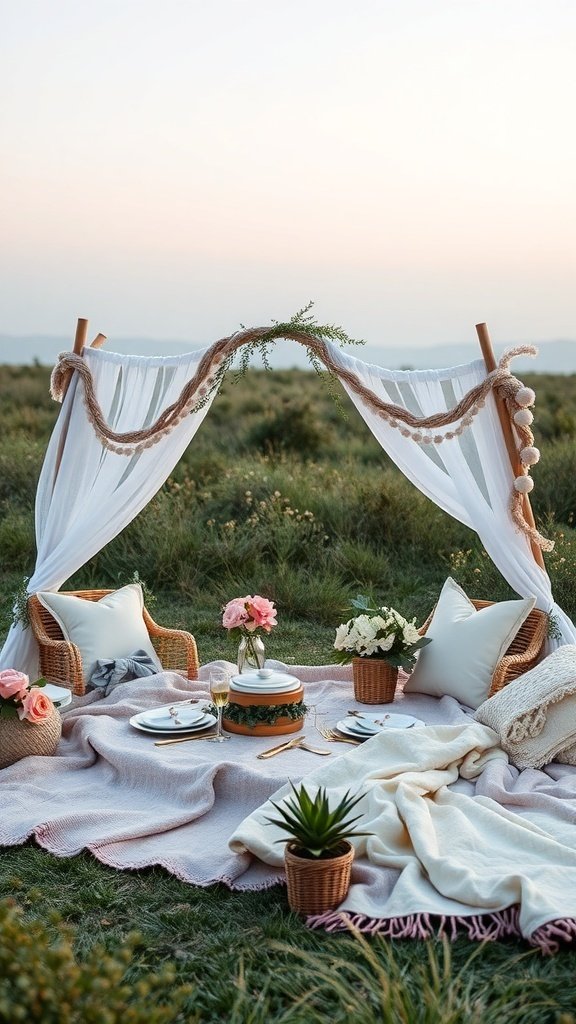 A romantic picnic setup with chairs, drapes, and floral decorations in a grassy field.