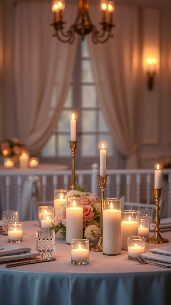 A romantic wedding table setting with candles and floral arrangements