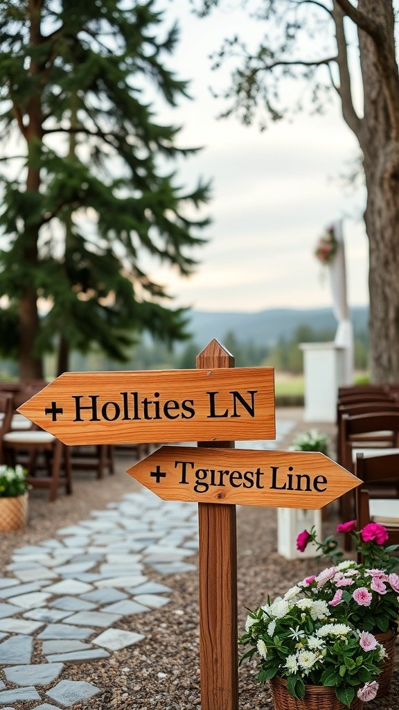 Wooden directional signs with names pointing towards different paths, surrounded by flowers. Romantic Wedding Decor Ideas