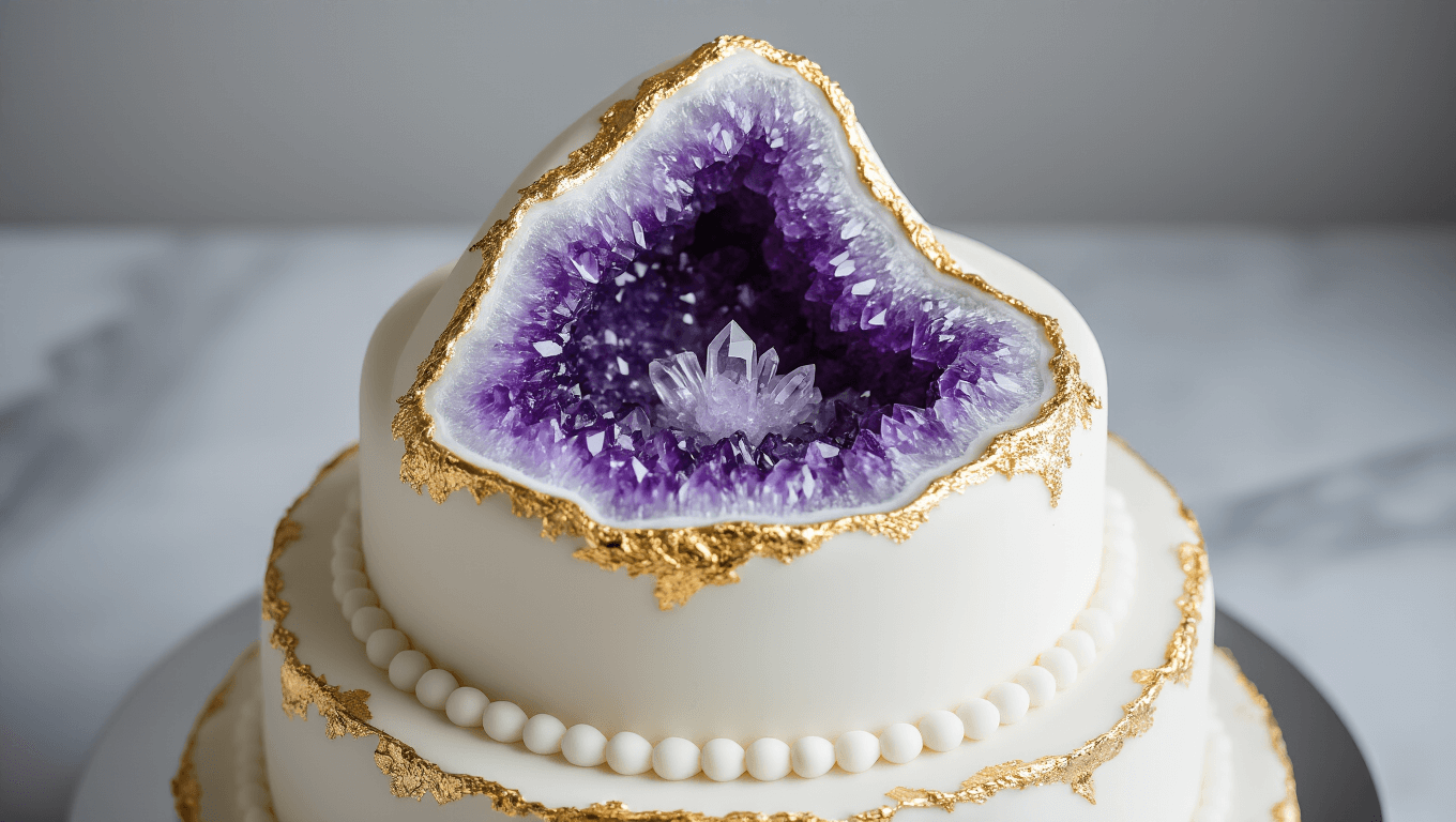 Photorealistic close-up of an elegant three-tiered white fondant wedding cake featuring a dramatic amethyst geode cavity filled with deep purple rock candy crystals, highlighted with edible gold leaf accents, photographed on a mirrored silver cake stand against a soft gray backdrop.
