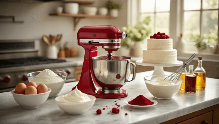 Photorealistic image of a sunlit professional kitchen with a KitchenAid mixer preparing vibrant red velvet cake batter, surrounded by fresh ingredients on a marble countertop, and a partially assembled three-tier cake in the background.