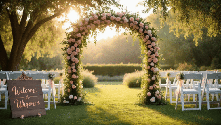 Ethereal wedding ceremony scene with a floral arch of pink roses and white peonies, white Chiavari chairs lined along a grass aisle, dappled sunlight through trees, and a vintage welcome sign amidst rose petals.