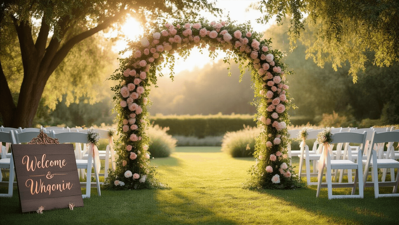 Ethereal wedding ceremony scene with a floral arch of pink roses and white peonies, white Chiavari chairs lined along a grass aisle, dappled sunlight through trees, and a vintage welcome sign amidst rose petals.