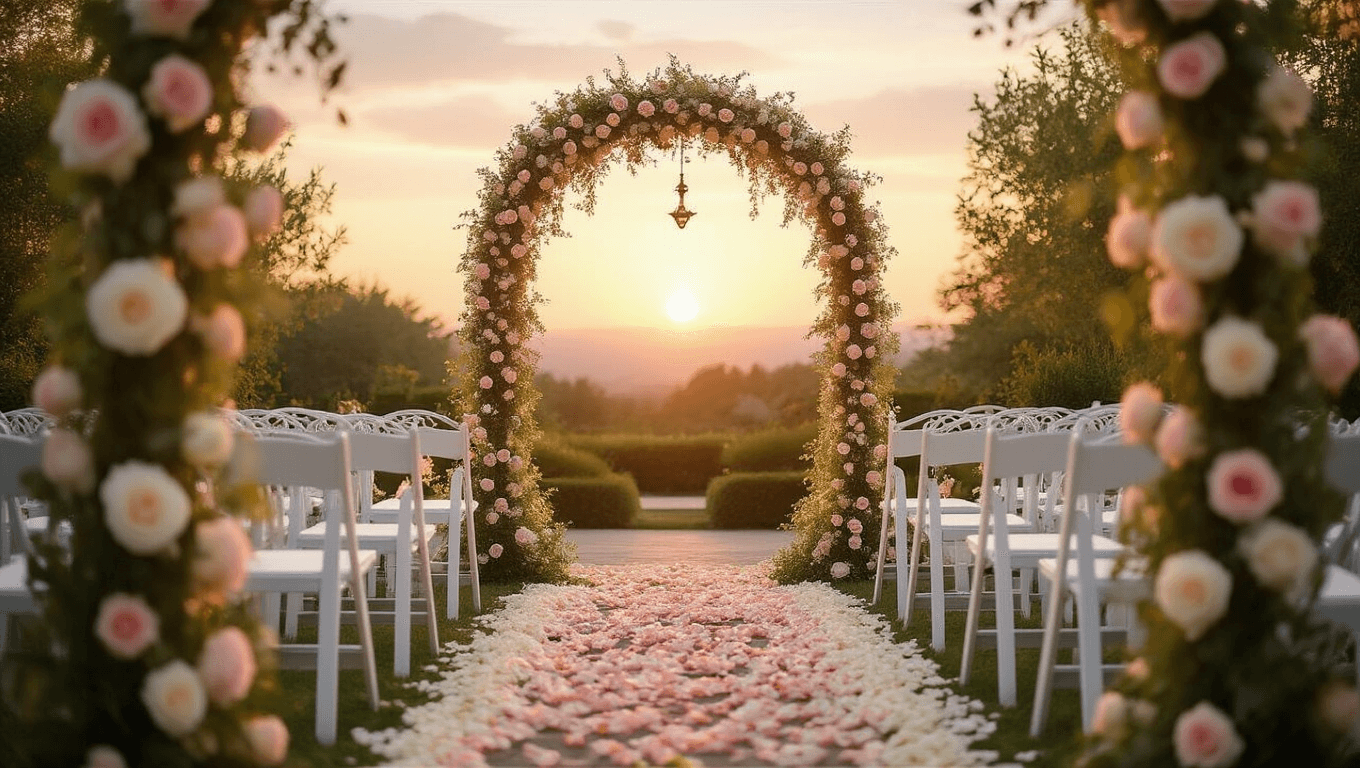A romantic outdoor garden wedding ceremony featuring a white wrought iron arch adorned with blush and ivory rose garlands, illuminated by vintage bronze lanterns at golden hour, with rows of Chiavari chairs and a dreamy pastel sunset sky.