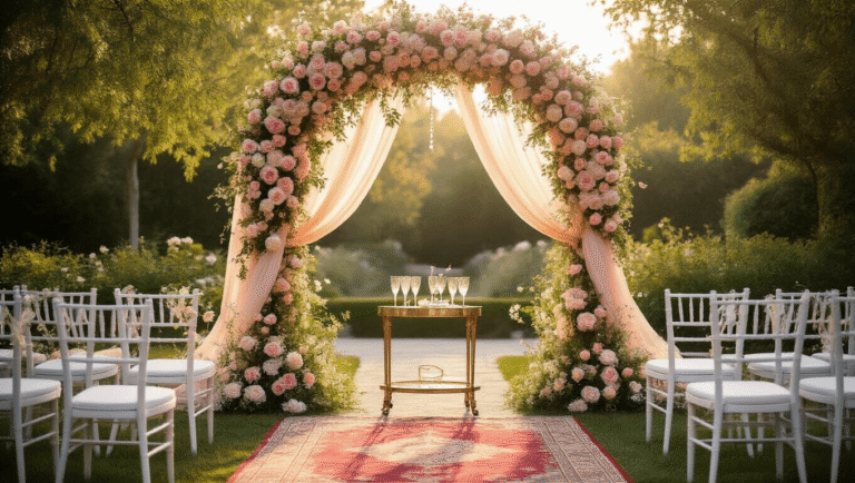 A sunlit garden wedding ceremony featuring a floral arch adorned with blush pink and ivory flowers, surrounded by white Chiavari chairs and a vintage Persian carpet, captured in soft focus with dappled sunlight.