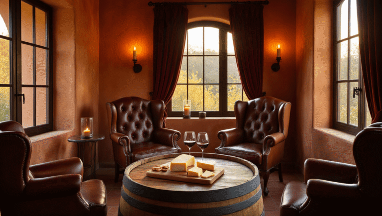 A romantic wine tasting nook featuring cognac leather wingback chairs around a rustic wine barrel table, warm terracotta walls, and floor-to-ceiling windows casting golden sunlight. The setting includes burgundy velvet curtains, crystal wine glasses, an artisan cheese board, flickering candles, and a cozy, inviting atmosphere with a warm color palette and soft bokeh lighting.