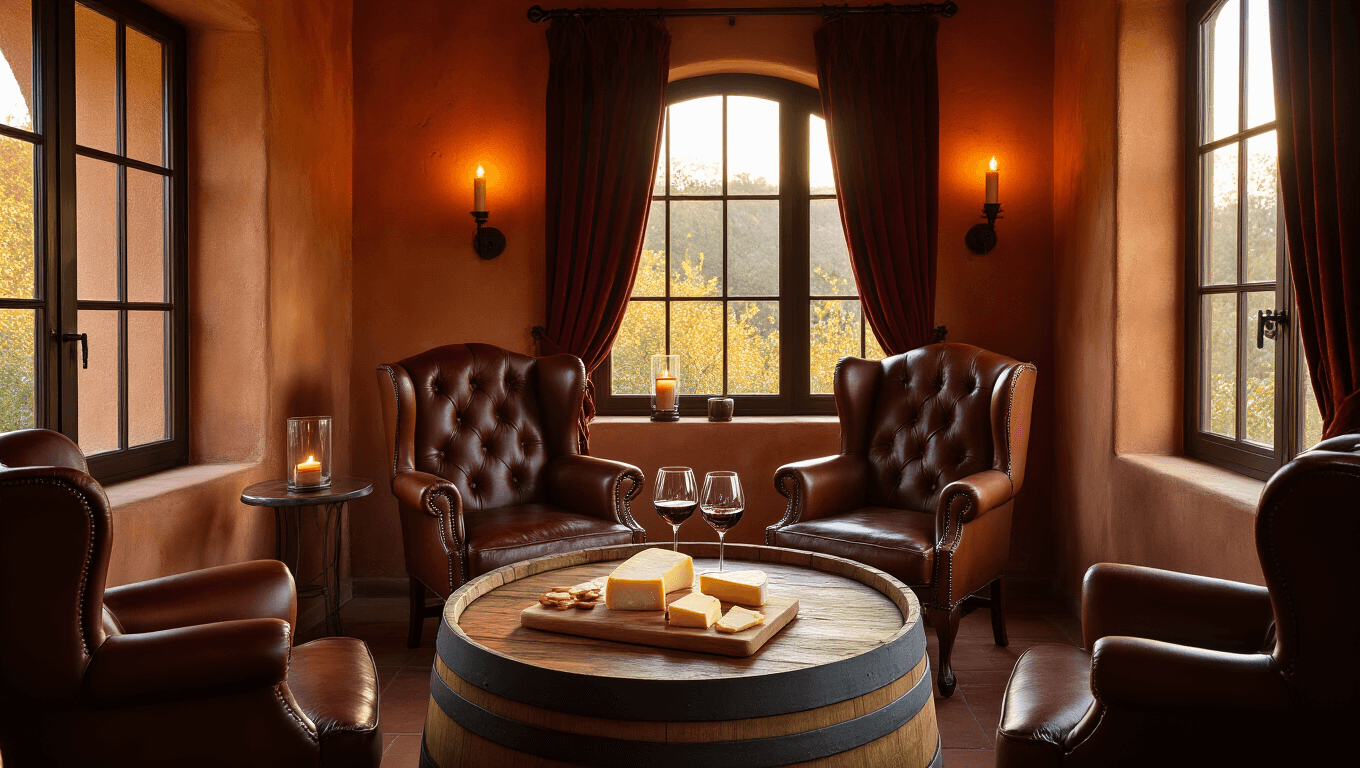 A romantic wine tasting nook featuring cognac leather wingback chairs around a rustic wine barrel table, warm terracotta walls, and floor-to-ceiling windows casting golden sunlight. The setting includes burgundy velvet curtains, crystal wine glasses, an artisan cheese board, flickering candles, and a cozy, inviting atmosphere with a warm color palette and soft bokeh lighting.
