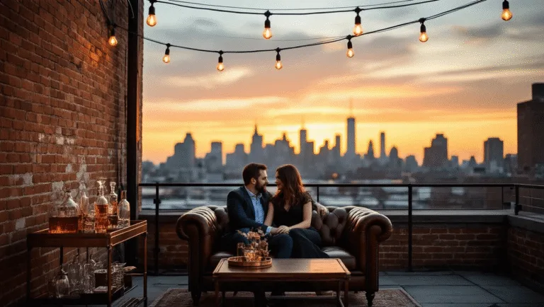 A couple sits on a vintage leather Chesterfield sofa on a rooftop at golden hour, surrounded by a city skyline. Warm bokeh from Edison bulb string lights creates a romantic atmosphere, while rich sunset colors blend into the scene, enhancing the intimate and sophisticated mood.