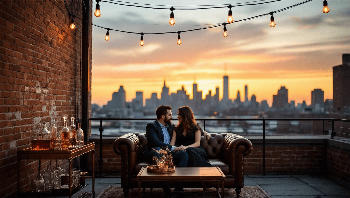 A couple sits on a vintage leather Chesterfield sofa on a rooftop at golden hour, surrounded by a city skyline. Warm bokeh from Edison bulb string lights creates a romantic atmosphere, while rich sunset colors blend into the scene, enhancing the intimate and sophisticated mood.