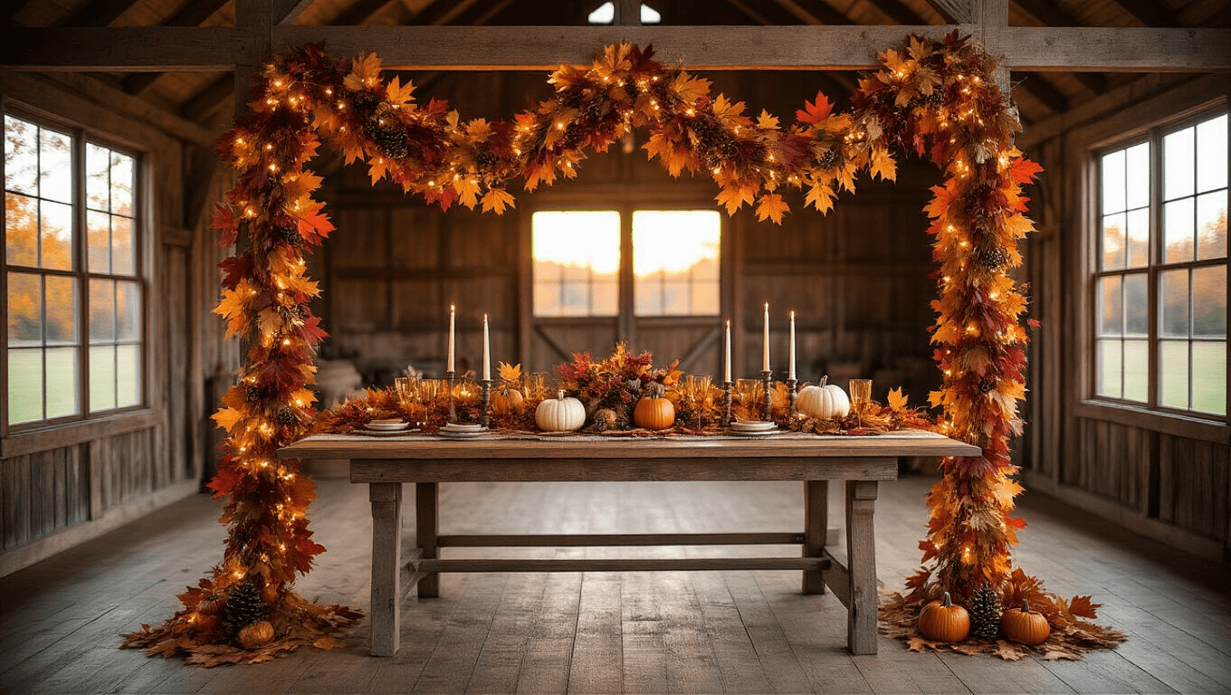 A rustic barn interior at golden hour featuring a cascading 20-foot fall garland of burgundy, burnt orange, and golden yellow maple leaves, interwoven with white pumpkins and pinecones, draped over wooden beams. Below, a farmhouse table with a burlap runner, amber candleholders, and scattered autumn leaves, illuminated by warm fairy lights and dramatic natural light streaming through barn windows, creating a moody atmosphere.