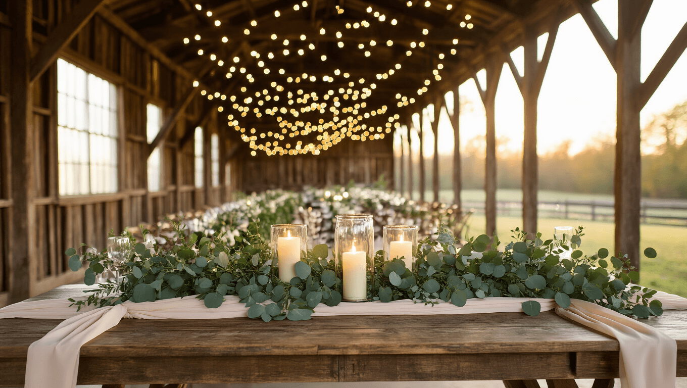 Cinematic wide-angle photograph of a rustic barn wedding table adorned with a eucalyptus and pine garland, flickering candlelight, and soft fabric strips, capturing a warm, romantic ambiance at golden hour.