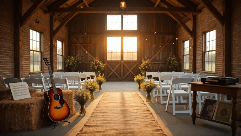 Cinematic golden hour shot of a rustic barn wedding ceremony, featuring vintage decor, acoustic guitar, wildflowers in mason jars, and warm lighting, creating an intimate country music atmosphere.