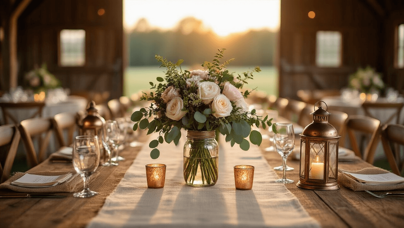Cinematic wide-angle shot of a rustic barn wedding reception with elegantly styled farmhouse tables adorned with mason jar centerpieces, vintage lanterns, and warm string lights, capturing a romantic atmosphere at golden hour.
