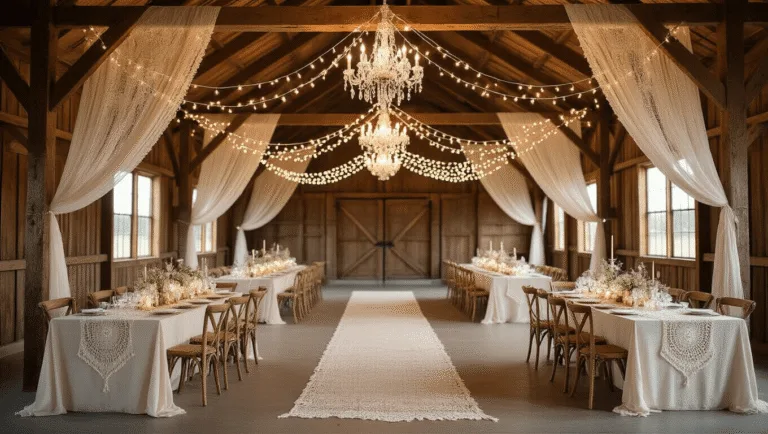 A beautifully styled rustic barn wedding reception featuring handcrafted crochet garlands in ivory and blush, illuminated by fairy lights, with elegant farmhouse tables, vintage chandeliers, and a warm, inviting atmosphere.