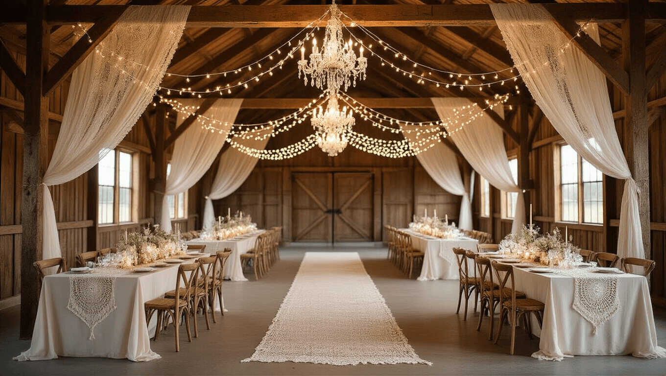 A beautifully styled rustic barn wedding reception featuring handcrafted crochet garlands in ivory and blush, illuminated by fairy lights, with elegant farmhouse tables, vintage chandeliers, and a warm, inviting atmosphere.