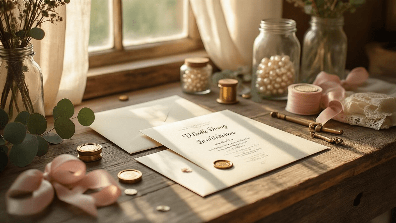 Close-up of a rustic farmhouse craft table adorned with DIY wedding invitation supplies, featuring ivory cardstock, calligraphy, gold wax seals, dusty rose ribbons, and dried eucalyptus, illuminated by warm golden hour light.