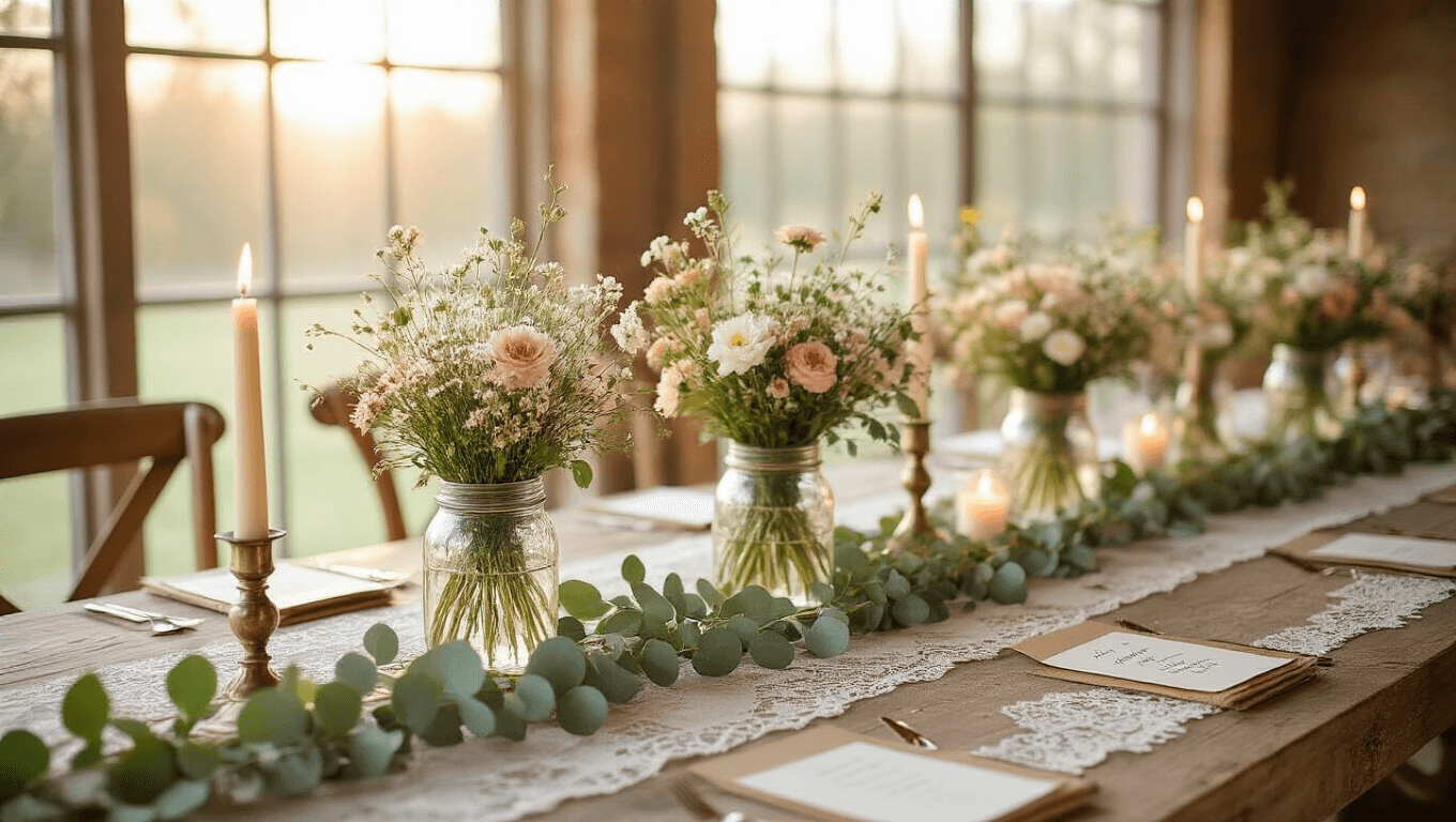 A rustic wedding tablescape featuring a weathered wooden table, lace runner, mason jar centerpieces with wildflowers, vintage brass candleholders, handwritten calligraphy place cards, and warm golden hour lighting.