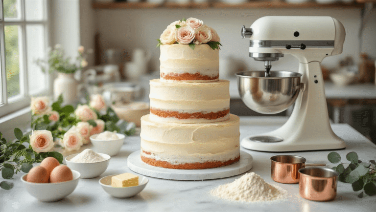 A close-up shot of a rustic wedding cake preparation scene on a white marble countertop, featuring a semi-naked three-tiered cake on an antique silver stand, surrounded by fresh ingredients like eggs, butter, and roses, captured in soft natural light.
