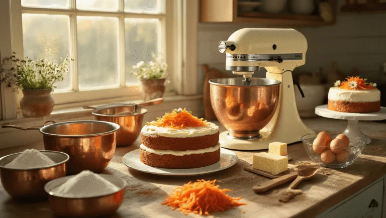 Photorealistic image of a sunlit vintage kitchen featuring a three-tiered carrot cake preparation, with a KitchenAid mixer and organized ingredients, surrounded by antique bowls and delicate cake decorations.