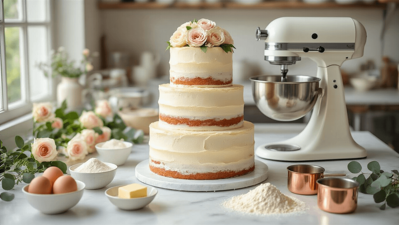A close-up shot of a rustic wedding cake preparation scene on a white marble countertop, featuring a semi-naked three-tiered cake on an antique silver stand, surrounded by fresh ingredients like eggs, butter, and roses, captured in soft natural light.